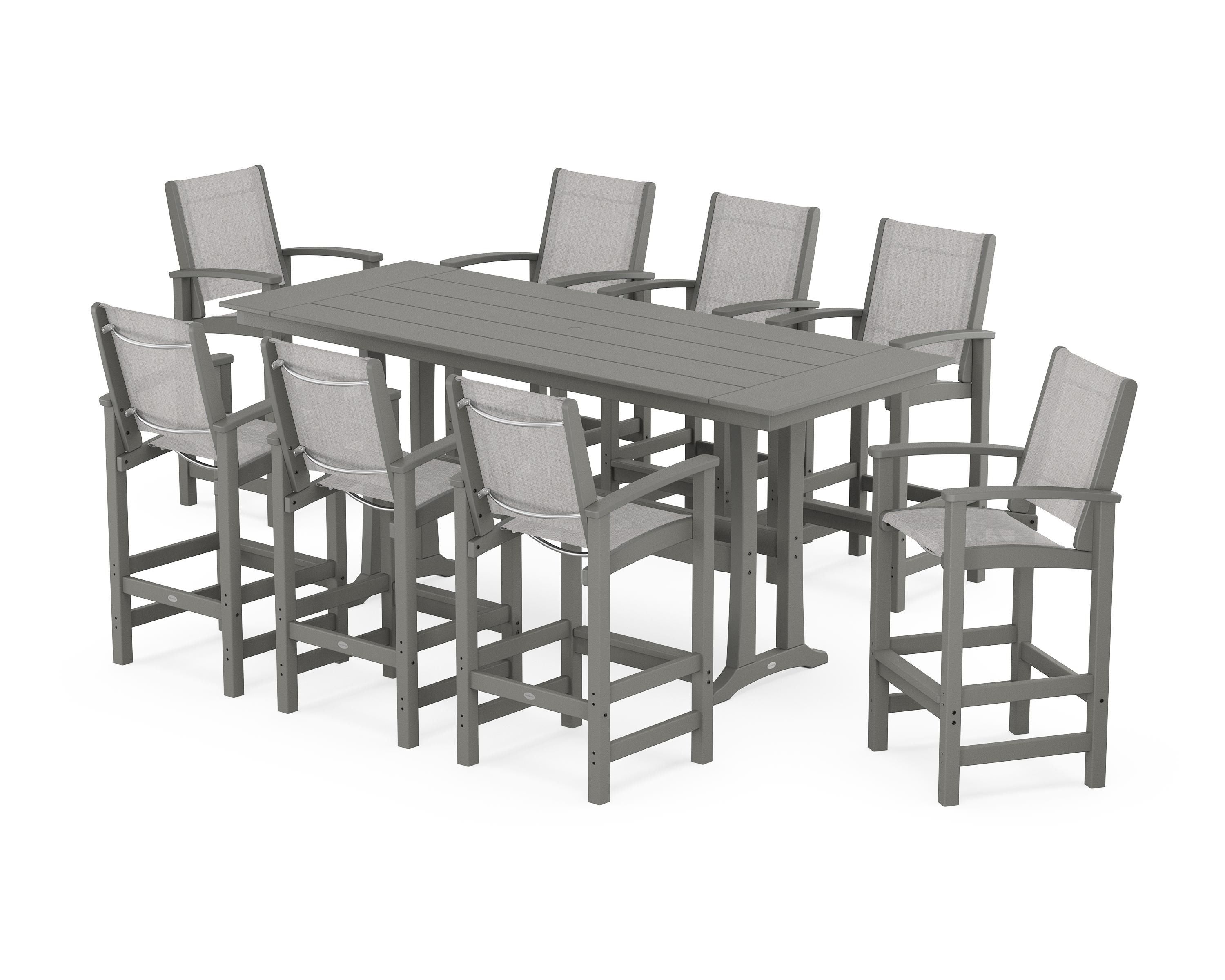 POLYWOOD® Coastal 9-Piece Farmhouse Bar Set with Trestle Legs in Slate Grey / Parchment Sling