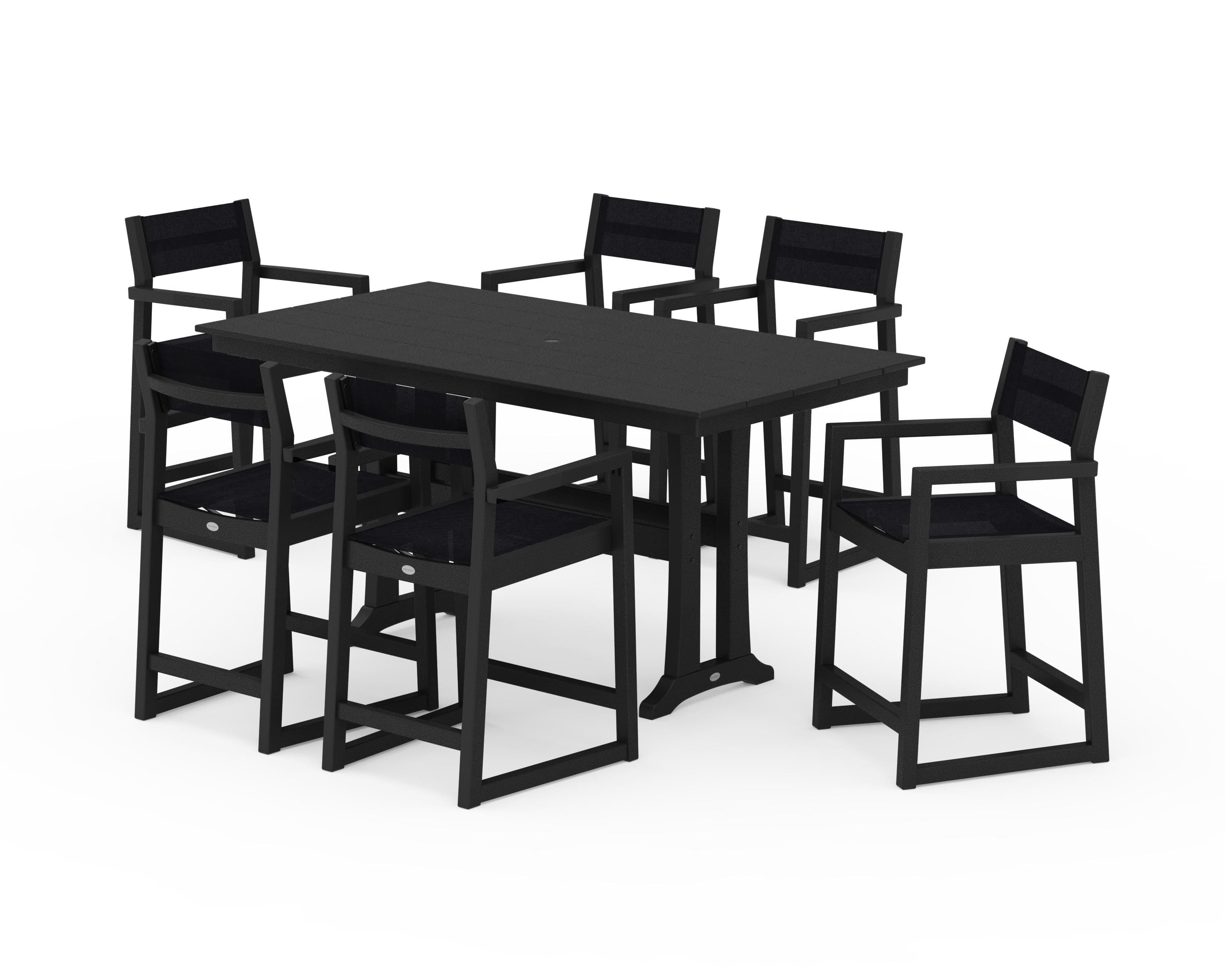 POLYWOOD® EDGE Sling Arm Chair 7-Piece Farmhouse Counter Set with Trestle Legs in Black / Black Sling
