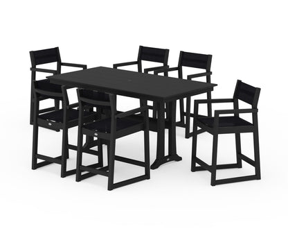 POLYWOOD® EDGE Sling Arm Chair 7-Piece Farmhouse Counter Set with Trestle Legs in Black / Black Sling