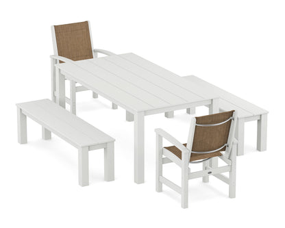 POLYWOOD® Coastal 5-Piece Parsons Dining Set with Benches in White / Burlap Sling
