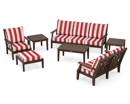 Country Living Wovendale 7-Piece Deep Seating Set in Mahogany / Cabana Stripe Crimson