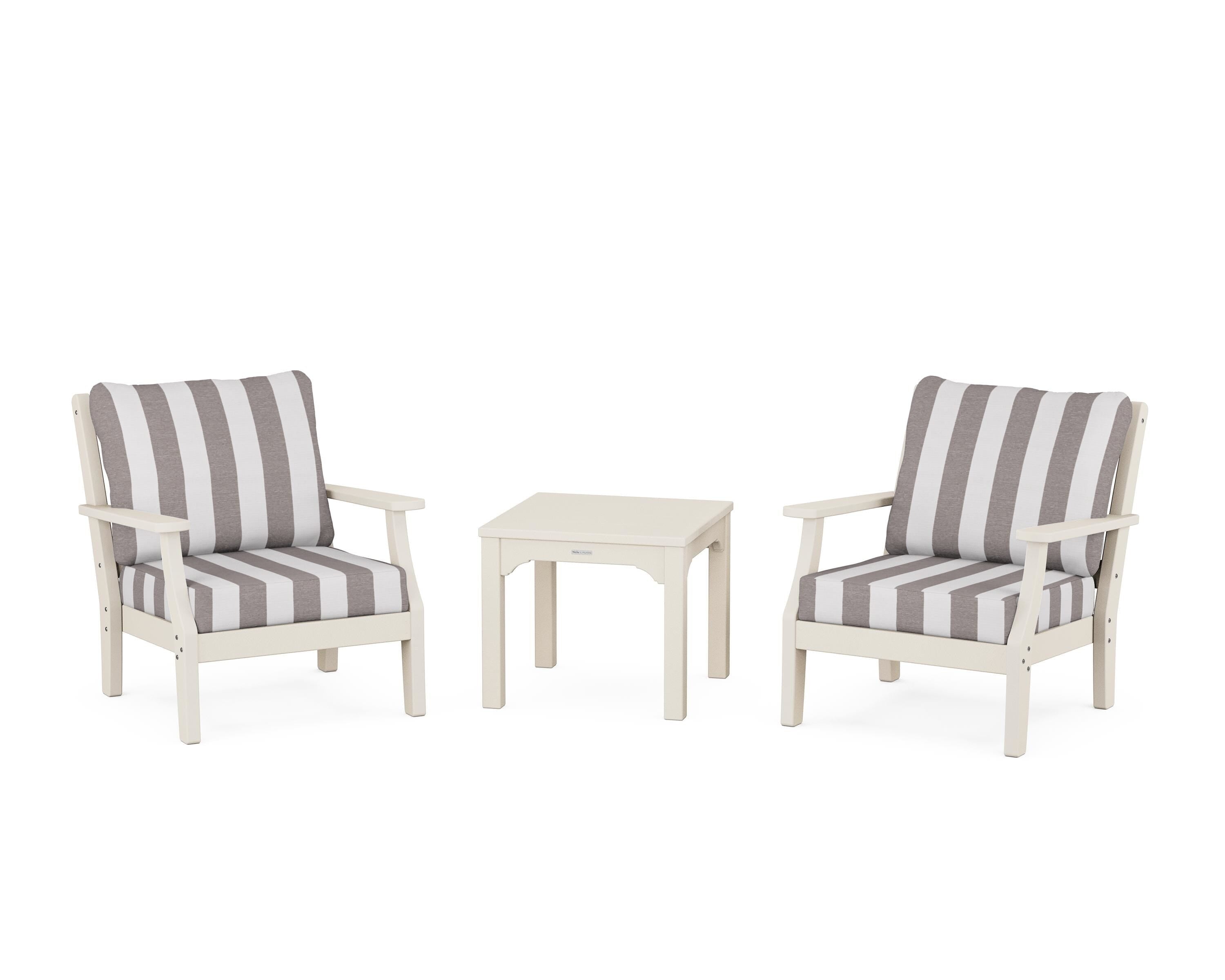 Martha Stewart by POLYWOOD® Chinoiserie 3-Piece Deep Seating Set in Sand / Cabana Stripe Grey Mist