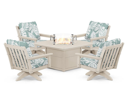 POLYWOOD® Vineyard 5-Piece Deep Seating Swivel Conversation Set with Fire Pit Table in Sand / Leaf Glacier Spa