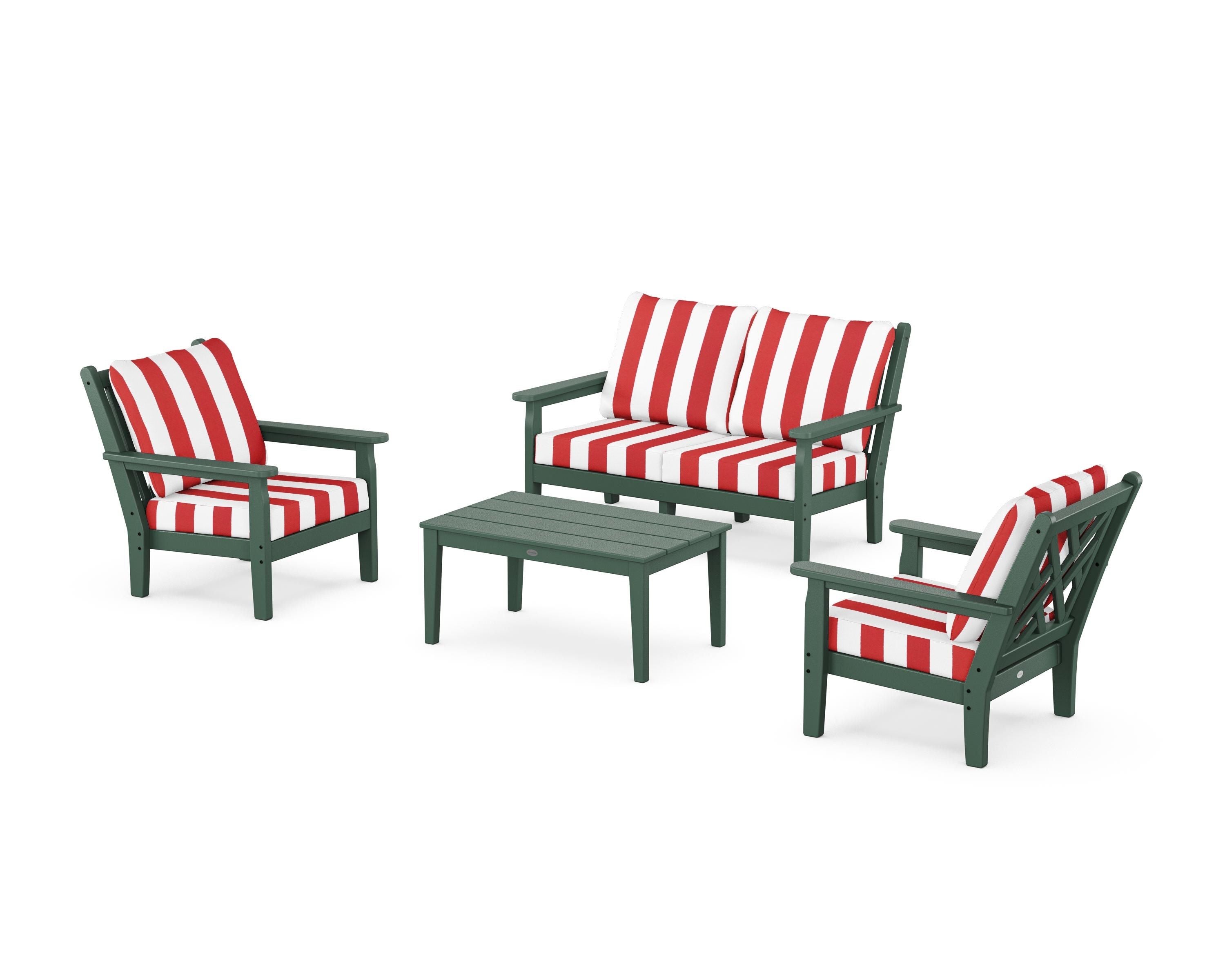 POLYWOOD® Chippendale 4-Piece Deep Seating Set with Loveseat in Green / Cabana Stripe Crimson