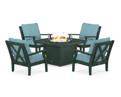 POLYWOOD® Braxton 5-Piece Deep Seating Conversation Set with Fire Pit Table in Green / Lattice Sky Blue