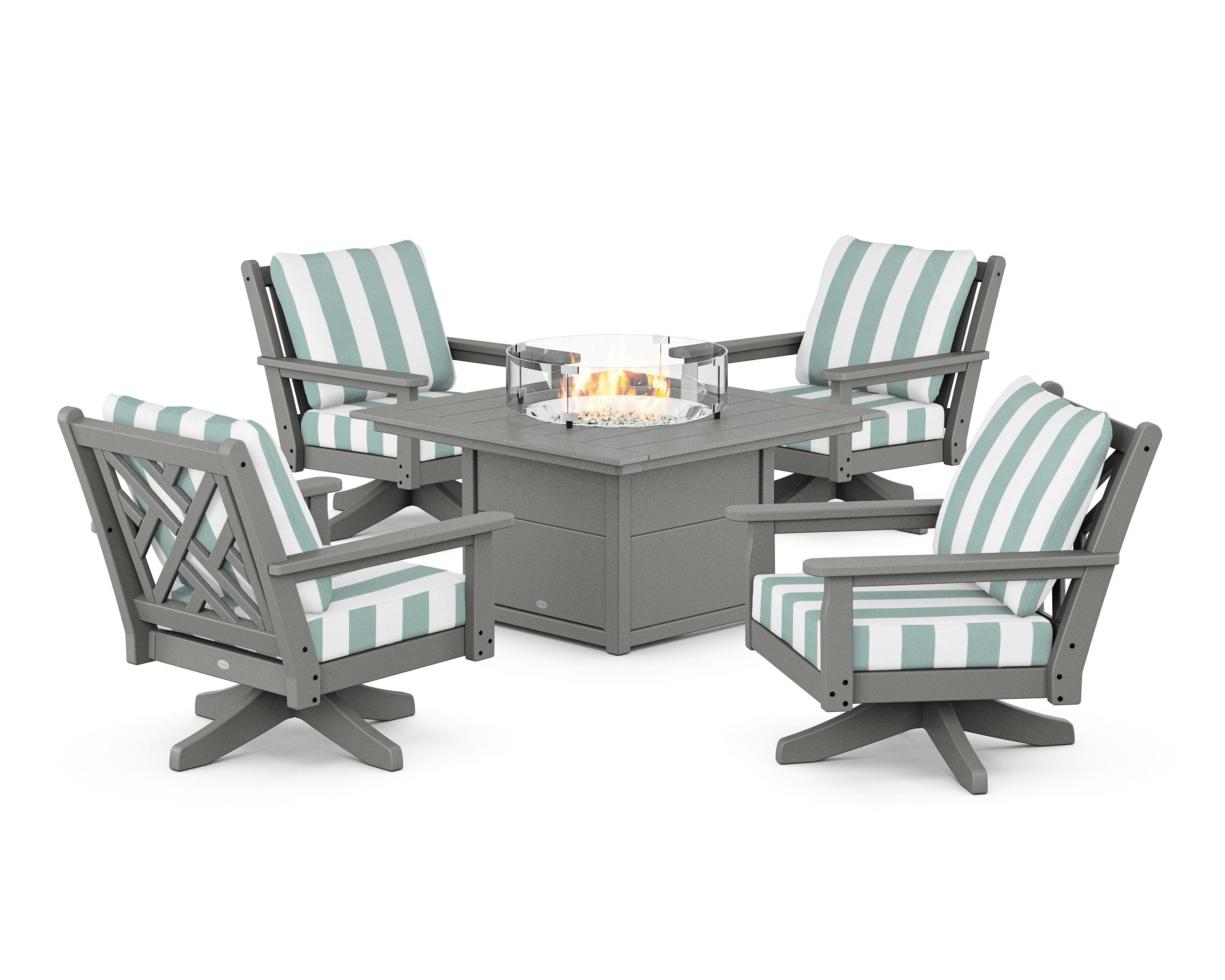 POLYWOOD® Chippendale 5-Piece Deep Seating Swivel Conversation Set with Fire Pit Table in Slate Grey / Cabana Stripe Glacier Spa