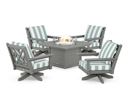 POLYWOOD® Chippendale 5-Piece Deep Seating Swivel Conversation Set with Fire Pit Table in Slate Grey / Cabana Stripe Glacier Spa