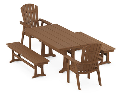 POLYWOOD® Nautical Adirondack 5-Piece Farmhouse Dining Set With Trestle Legs in Teak