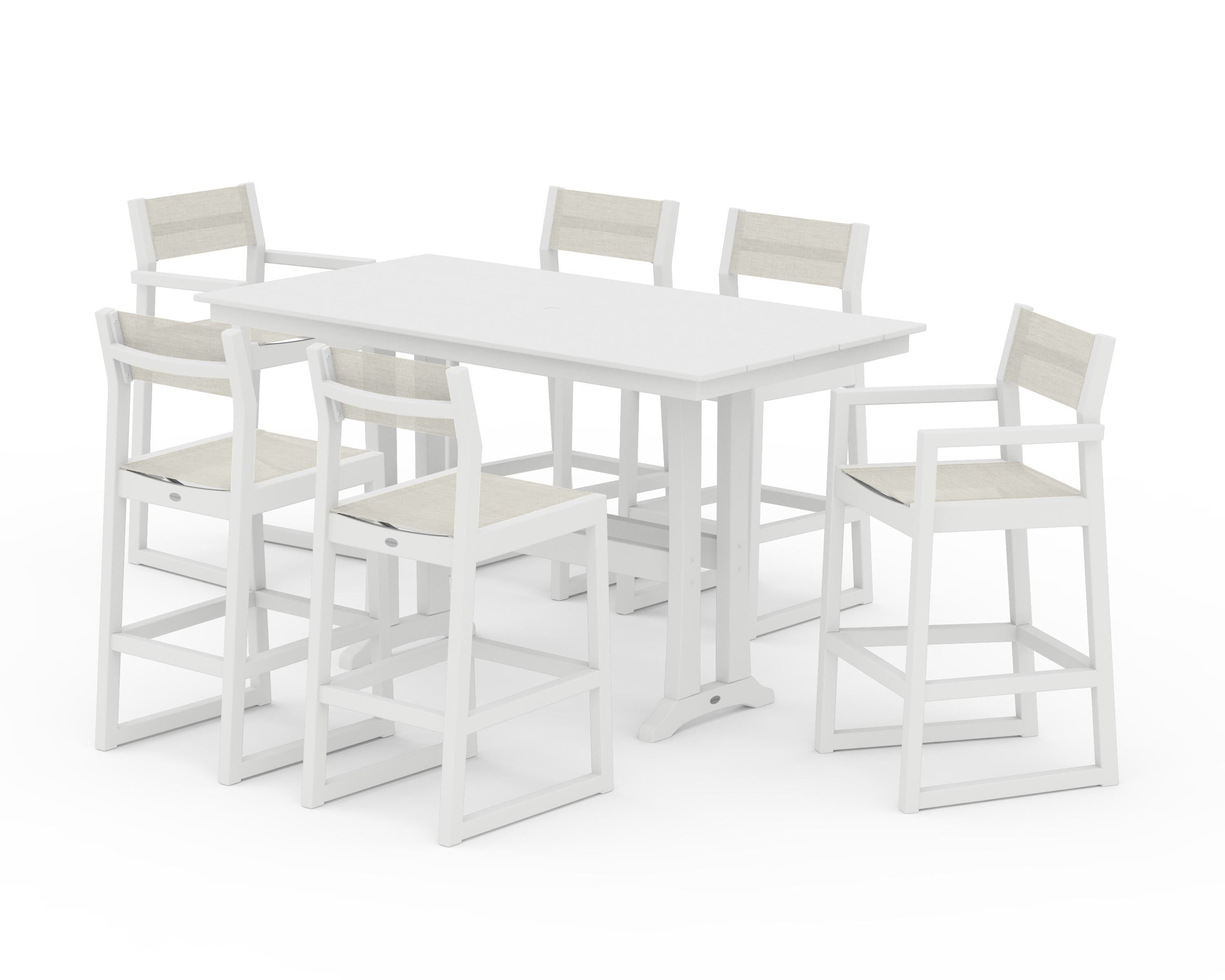 POLYWOOD® EDGE Sling 7-Piece Farmhouse Bar Set with Trestle Legs in White / Parchment Sling