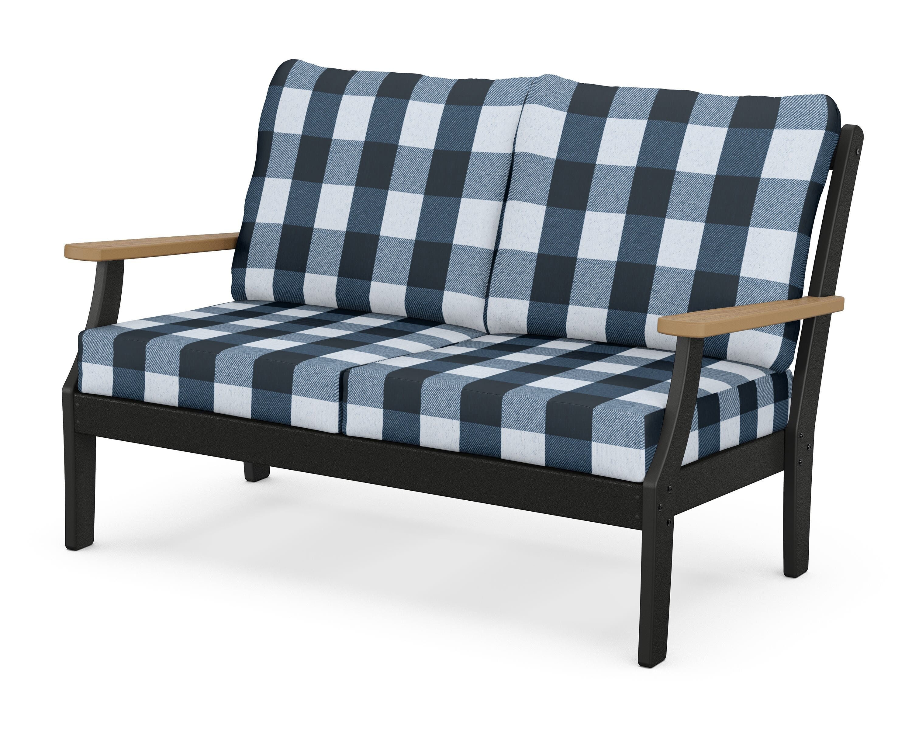 POLYWOOD® Braxton Deep Seating Loveseat in Black / Natural / Buffalo Plaid Marine Indigo