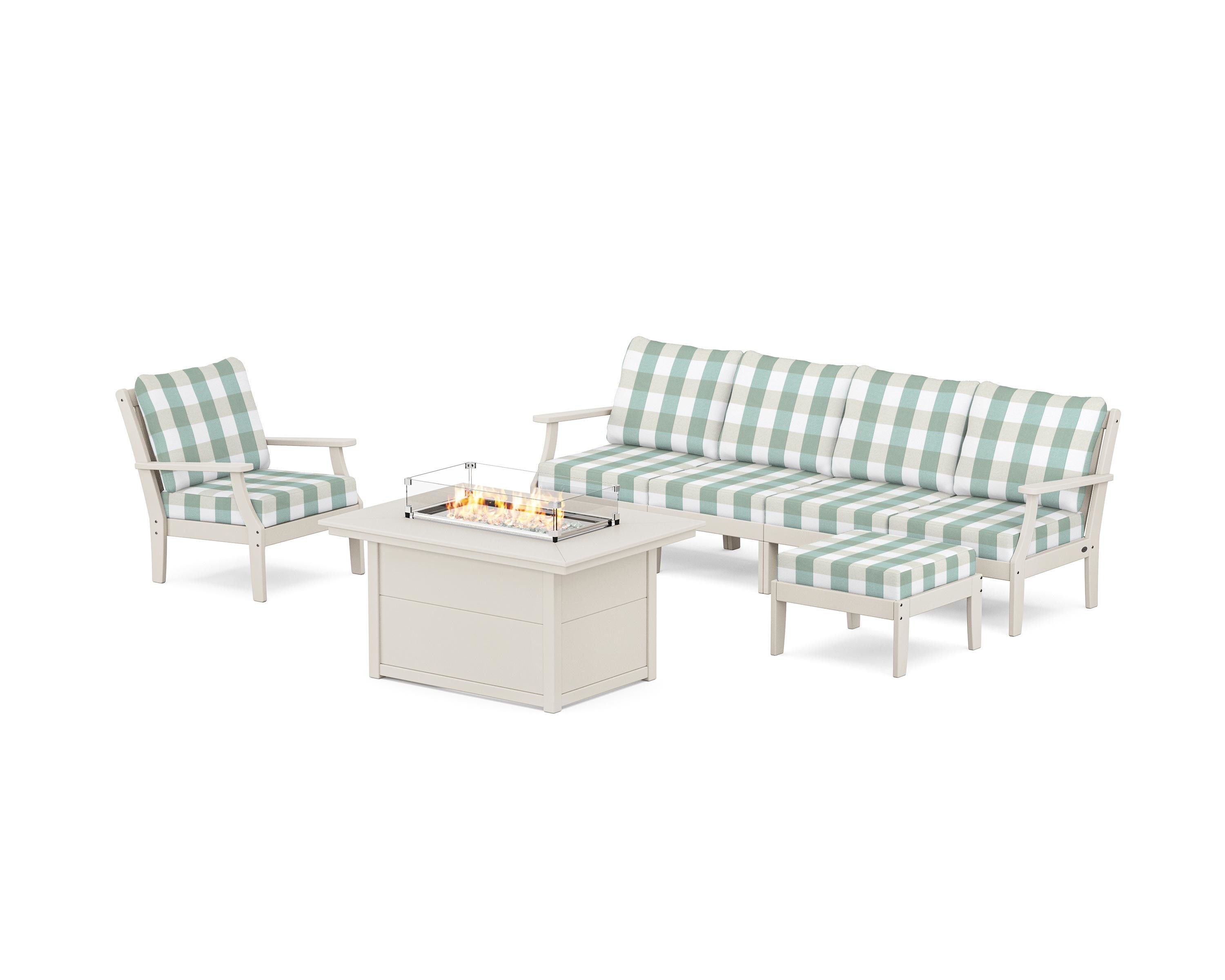 POLYWOOD® Braxton Sectional Lounge and Fire Pit Set in Sand / Buffalo Plaid Glacier Spa