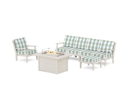 POLYWOOD® Braxton Sectional Lounge and Fire Pit Set in Sand / Buffalo Plaid Glacier Spa