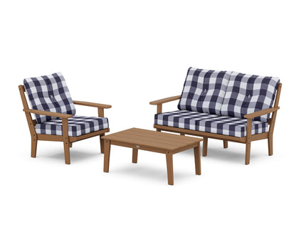 POLYWOOD® Prairie 3-Piece Deep Seating Set with Loveseat in Teak / Buffalo Plaid Navy