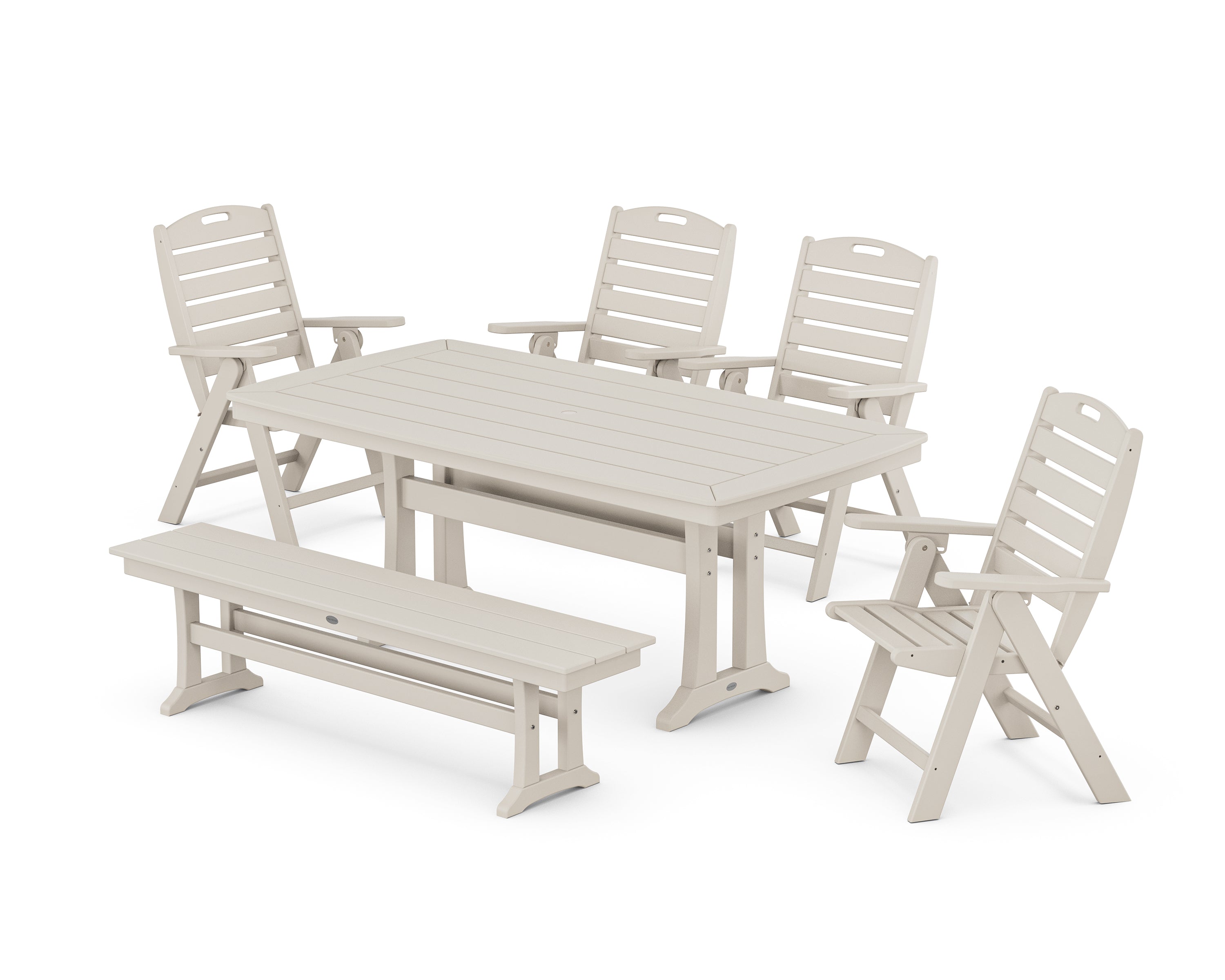 POLYWOOD® Nautical Highback 6-Piece Dining Set with Trestle Legs and Bench in Sand