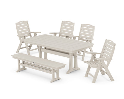 POLYWOOD® Nautical Highback 6-Piece Dining Set with Trestle Legs and Bench in Sand