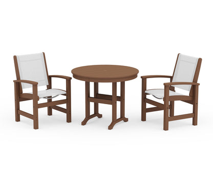 POLYWOOD® Coastal 3-Piece Round Dining Set in Teak / White Sling
