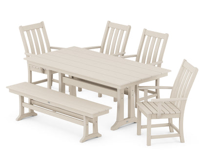 POLYWOOD® Vineyard 6-Piece Arm Chair Farmhouse Dining Set with Trestle Legs and Bench in Sand
