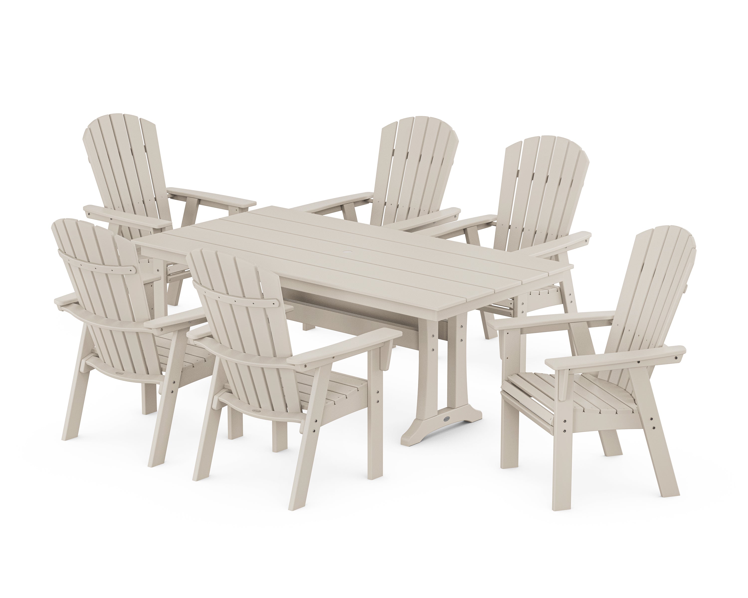 POLYWOOD® Nautical Curveback Adirondack 7-Piece Farmhouse Dining Set with Trestle Legs in Sand