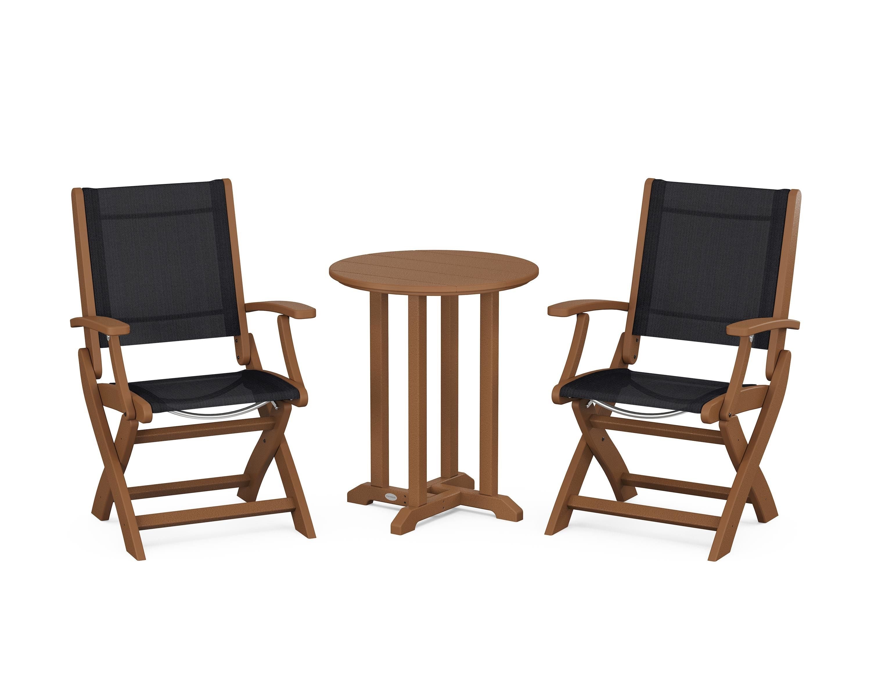POLYWOOD® Coastal Folding 3-Piece Round Bistro Dining Set in Teak / Black Sling