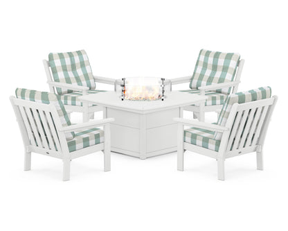 POLYWOOD® Vineyard 5-Piece Conversation Set with Fire Pit Table in White / Buffalo Plaid Glacier Spa