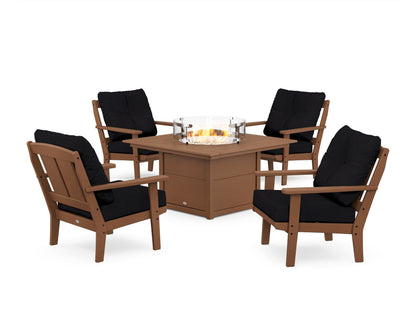 POLYWOOD® Mission 5-Piece Deep Seating Set with Fire Pit Table in Teak / Midnight Linen