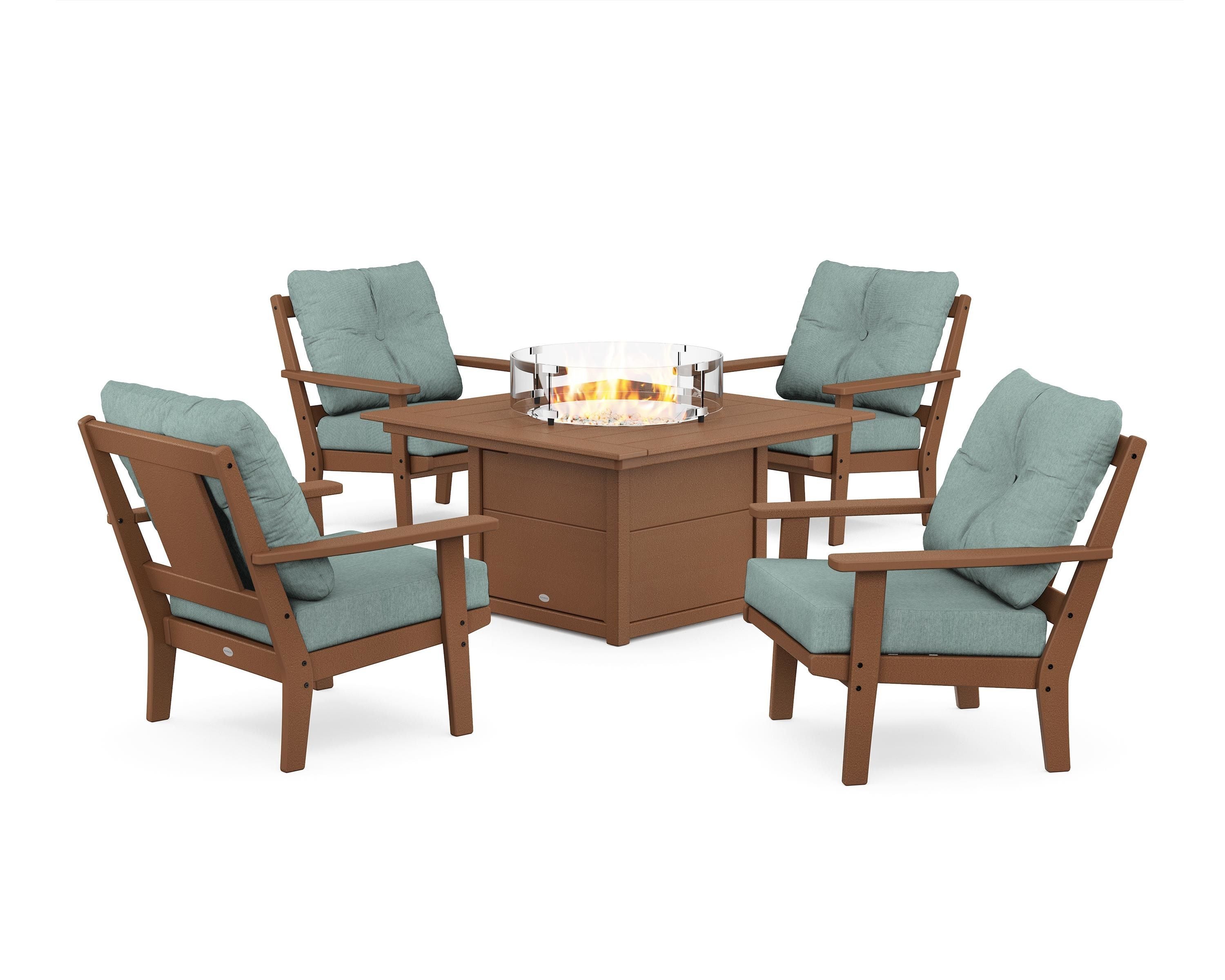 POLYWOOD® Prairie 5-Piece Deep Seating Set with Fire Pit Table in Teak / Glacier Spa