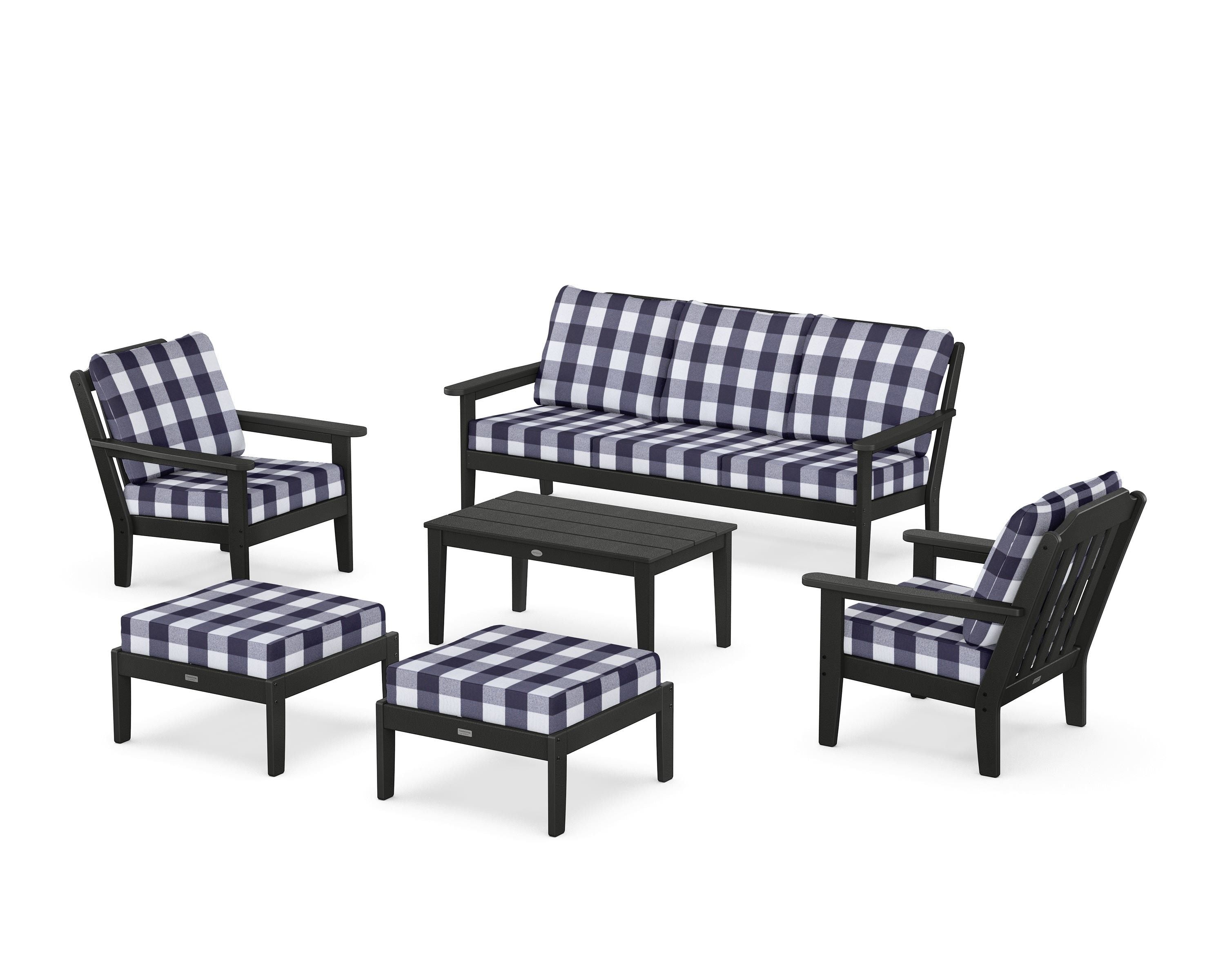 Country Living Cottage 6-Piece Lounge Sofa Set in Black / Buffalo Plaid Navy