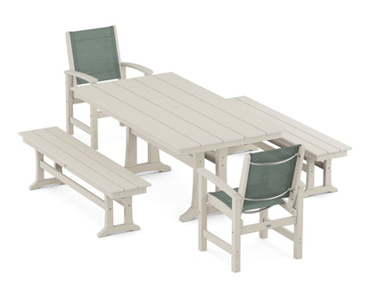 POLYWOOD® Coastal 5-Piece Farmhouse Dining Set with Trestle Legs and Benches in Sand / Dupioni Sea Mist Sling
