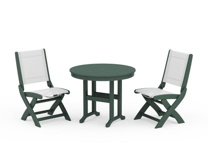 POLYWOOD® Coastal Folding Side Chair 3-Piece Round Dining Set in Green / White Sling