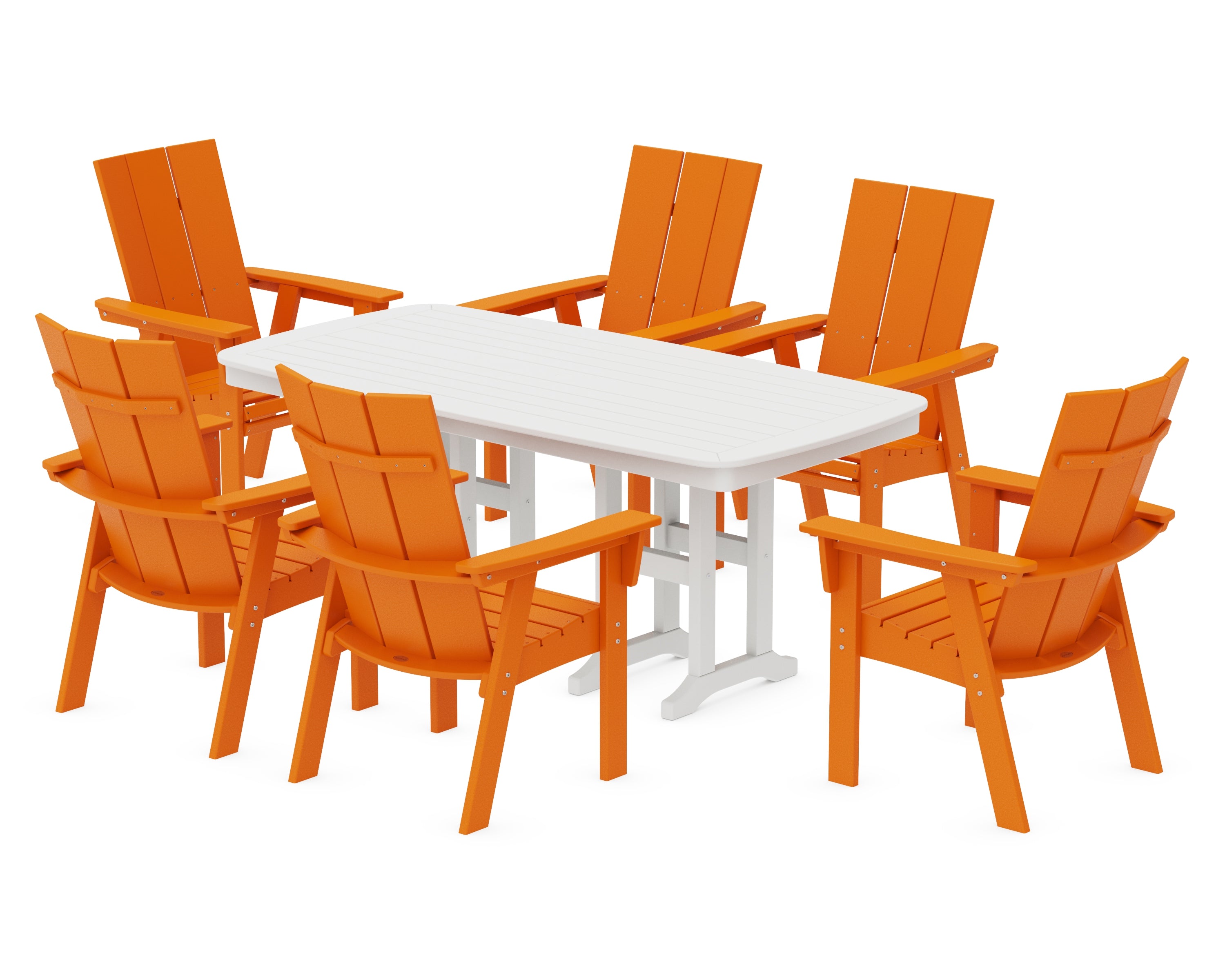 POLYWOOD® Modern Curveback Adirondack 7-Piece Dining Set in Tangerine / White