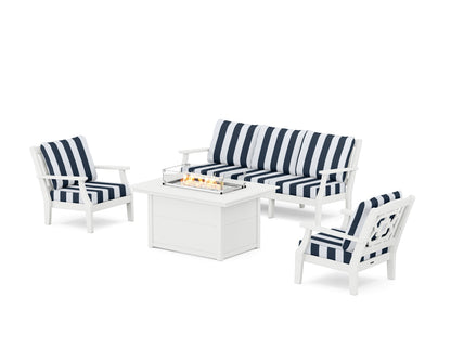 Martha Stewart by POLYWOOD® Chinoiserie Deep Seating Fire Pit Table Set in White / Cabana Stripe Marine Indigo