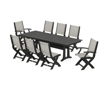 POLYWOOD® Coastal 9-Piece Folding Dining Chair Farmhouse Dining Set with Trestle Legs in Black / Birch Sling