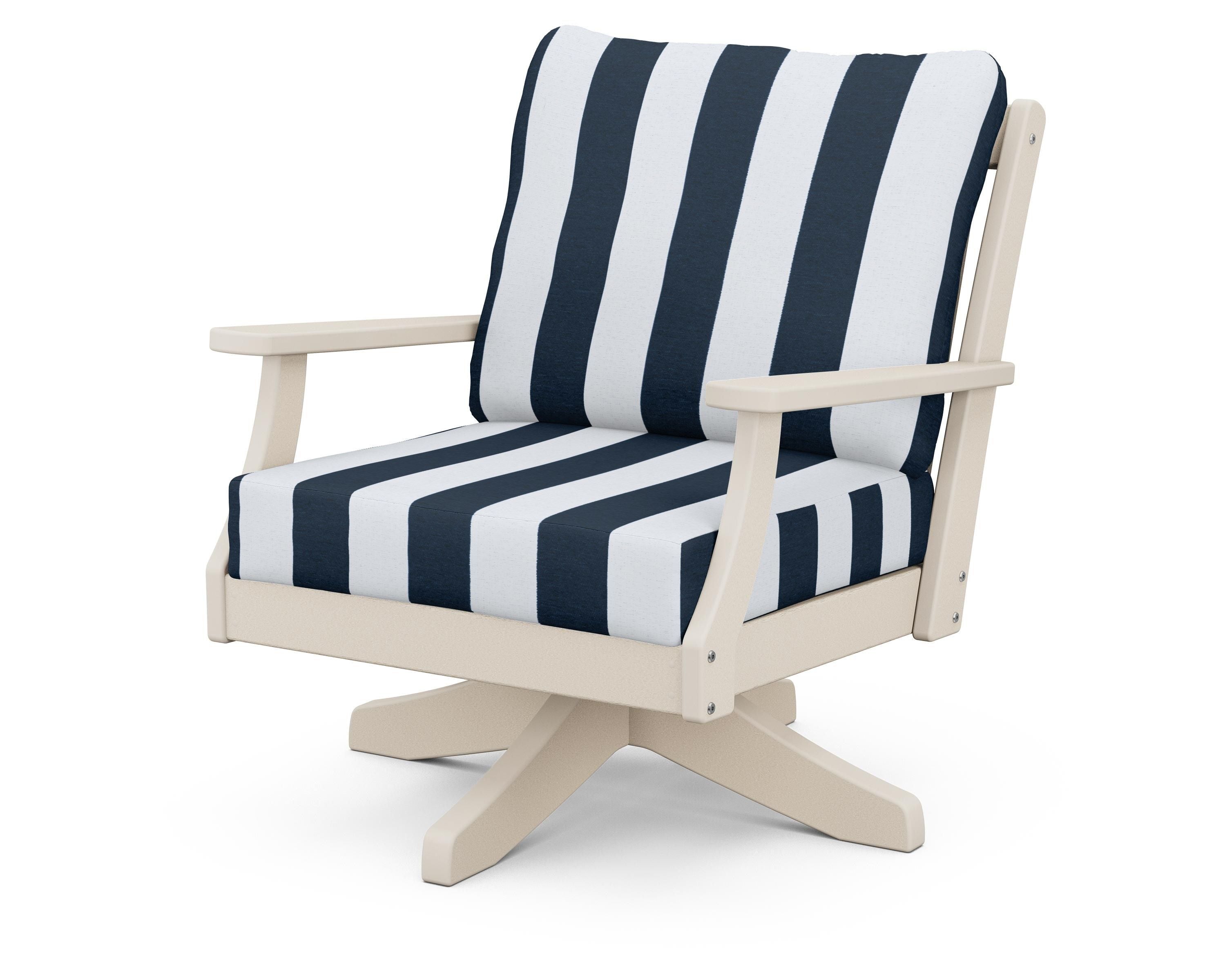 POLYWOOD® Braxton Deep Seating Swivel Chair in Sand / Cabana Stripe Marine Indigo
