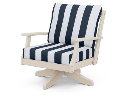 POLYWOOD® Braxton Deep Seating Swivel Chair in Sand / Cabana Stripe Marine Indigo