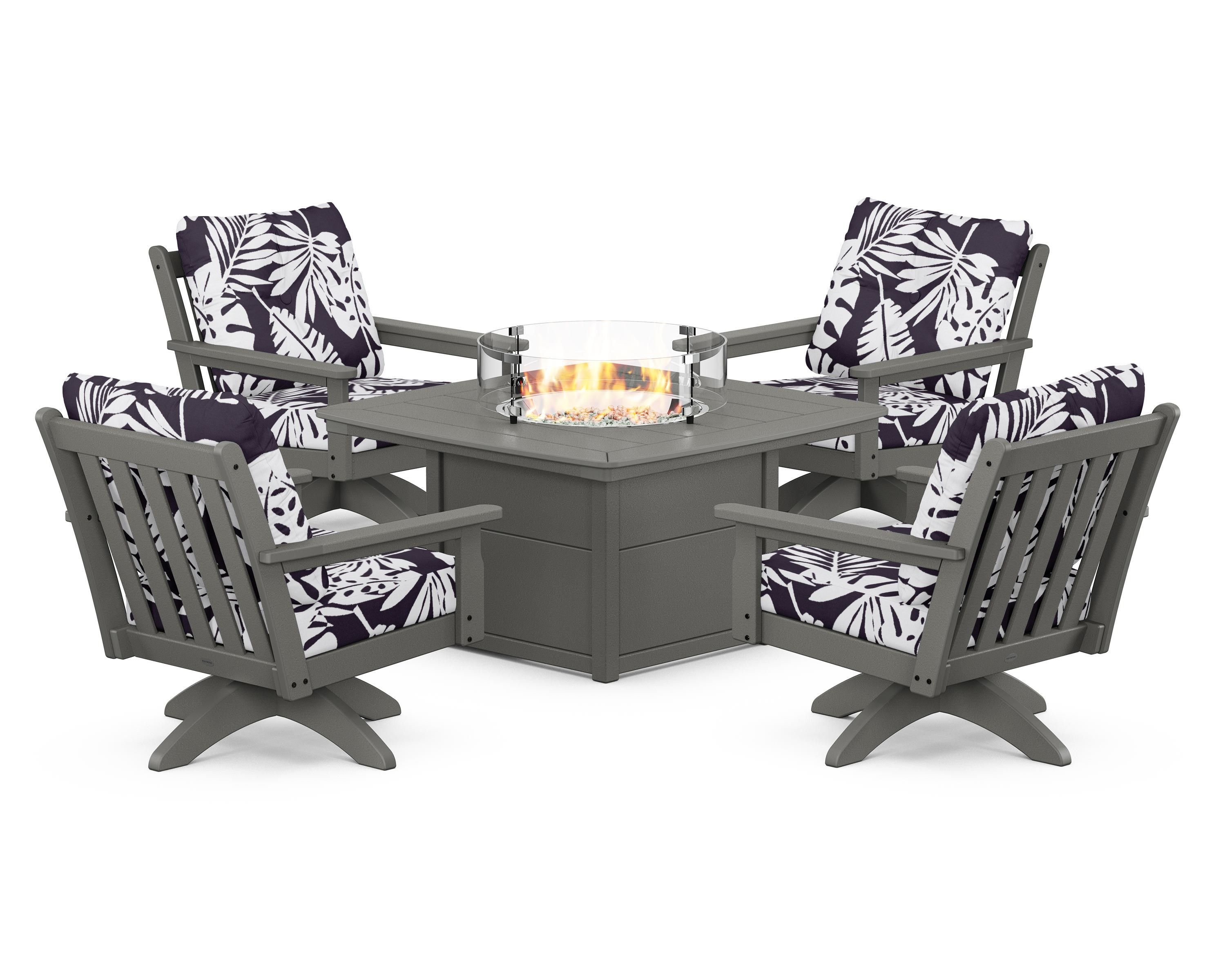 POLYWOOD® Vineyard 5-Piece Deep Seating Swivel Conversation Set with Fire Pit Table in Slate Grey / Leaf Navy