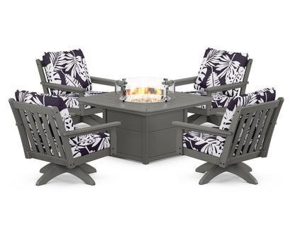 POLYWOOD® Vineyard 5-Piece Deep Seating Swivel Conversation Set with Fire Pit Table in Slate Grey / Leaf Navy