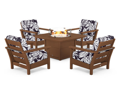 POLYWOOD® Harbour 5-Piece Conversation Set with Fire Pit Table in Teak / Leaf Navy
