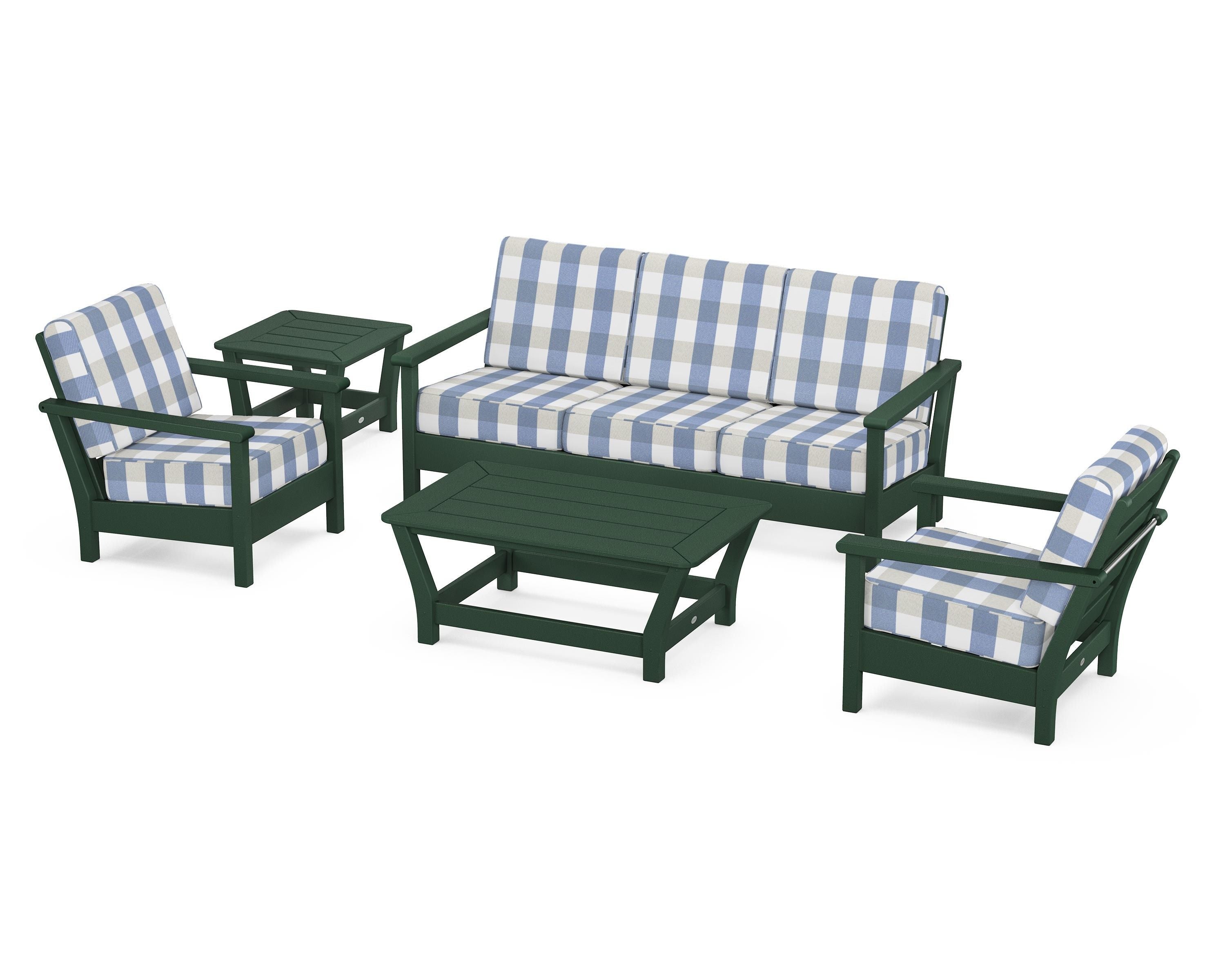 POLYWOOD® Harbour 5-Piece Deep Seating Set in Green / Buffalo Plaid Sky Blue