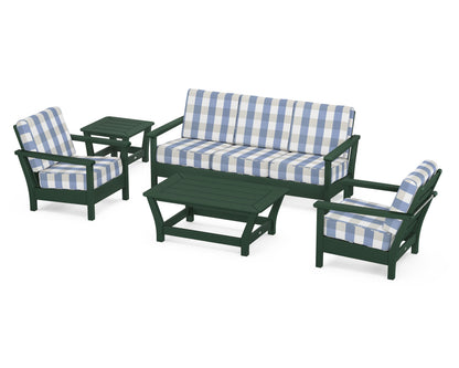 POLYWOOD® Harbour 5-Piece Deep Seating Set in Green / Buffalo Plaid Sky Blue