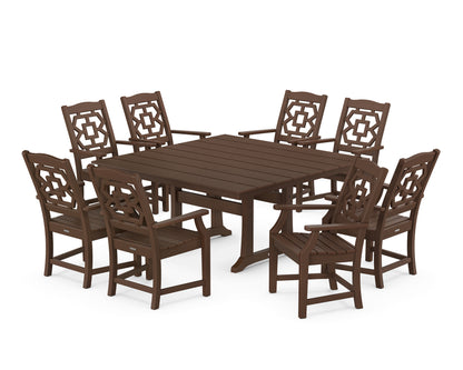 Martha Stewart by POLYWOOD® Chinoiserie 9-Piece Square Farmhouse Dining Set with Trestle Legs in Mahogany