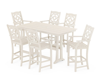 Martha Stewart by POLYWOOD® Chinoiserie Arm Chair 7-Piece Farmhouse Bar Set with Trestle Legs in Sand
