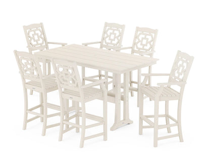Chinoiserie Arm Chair 7-Piece Farmhouse Bar Set with Trestle Legs