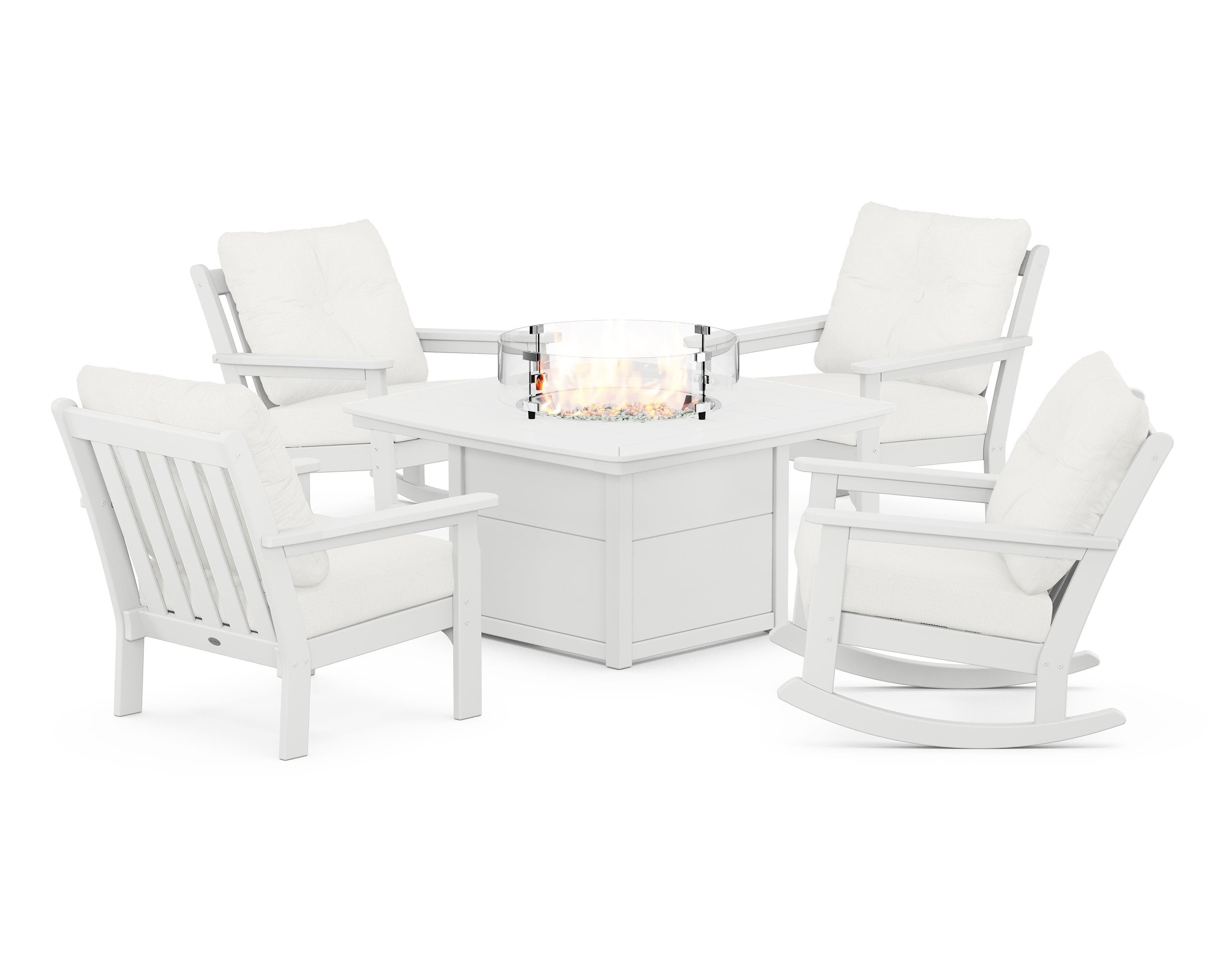 POLYWOOD® Vineyard 5-Piece Deep Seating Rocking Chair Conversation Set with Fire Pit Table in White / Natural Linen