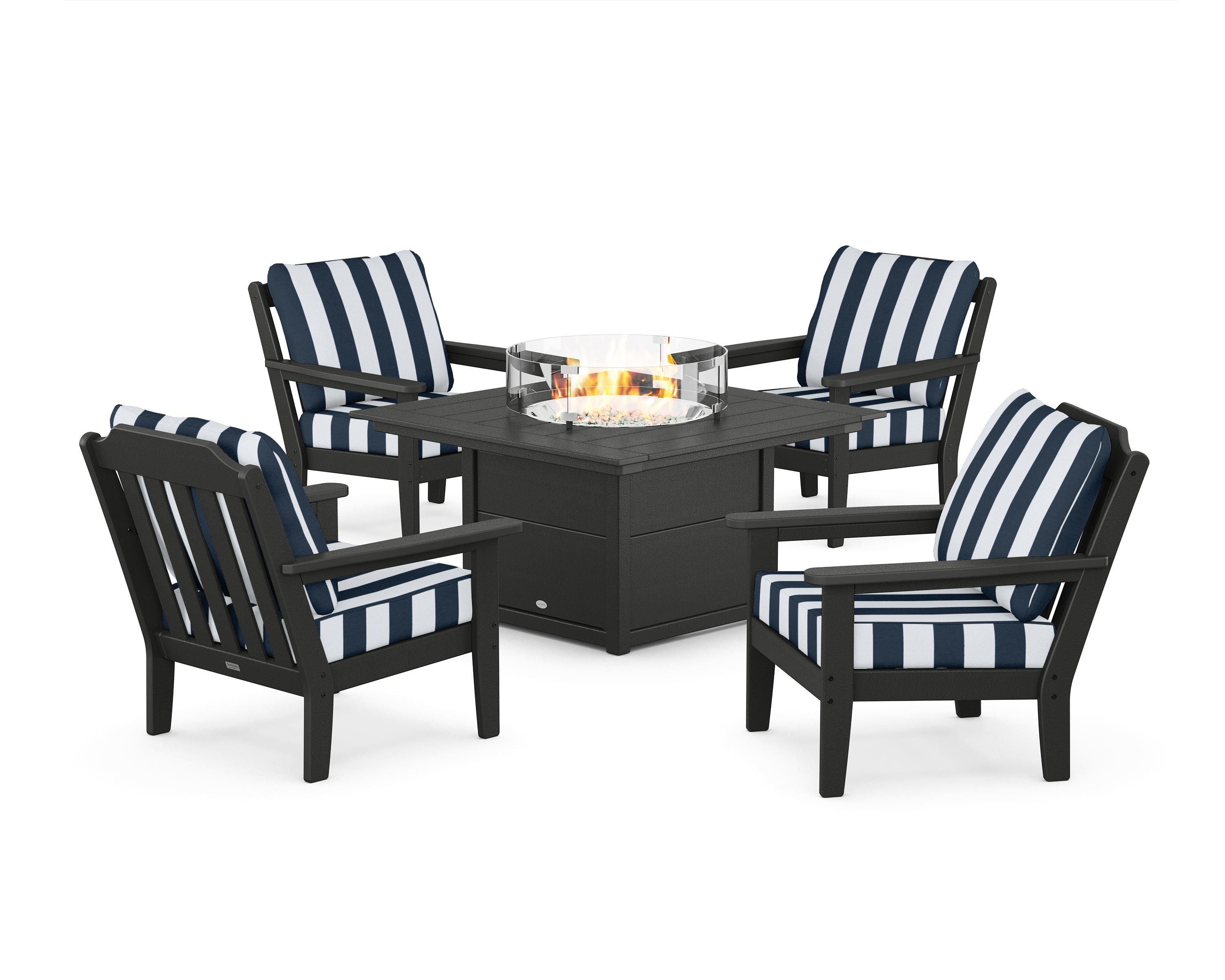 Country Living Cottage 5-Piece Deep Seating Set with Fire Pit Table in Black / Cabana Stripe Marine Indigo