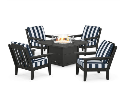 Country Living Cottage 5-Piece Deep Seating Set with Fire Pit Table in Black / Cabana Stripe Marine Indigo