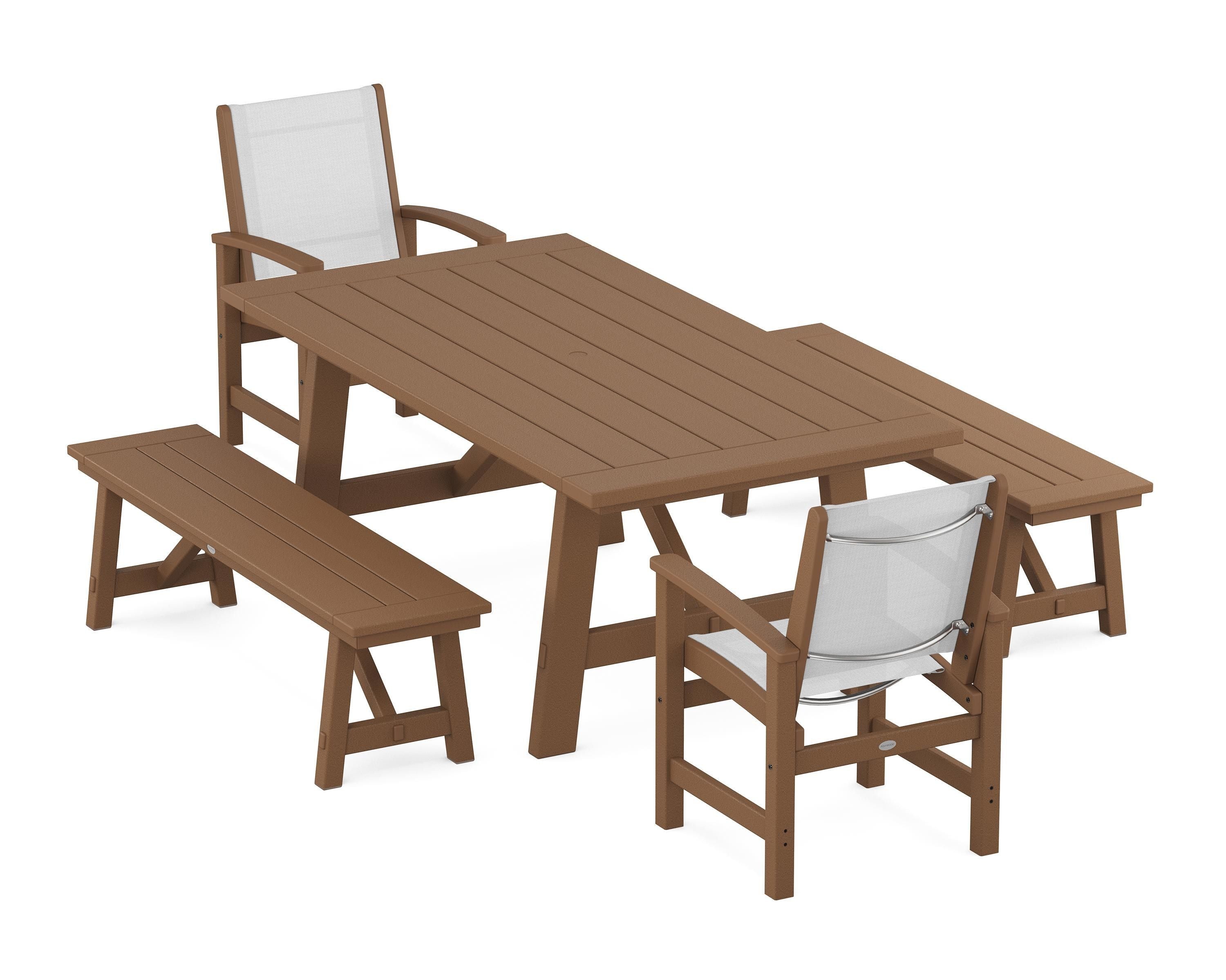 POLYWOOD® Coastal 5-Piece Rustic Farmhouse Dining Set With Benches in Teak / White Sling