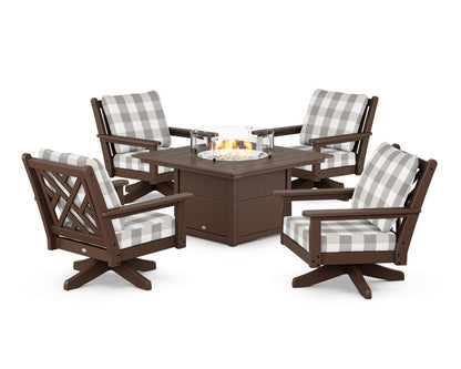 POLYWOOD® Chippendale 5-Piece Deep Seating Swivel Conversation Set with Fire Pit Table in Mahogany / Buffalo Plaid Grey Mist