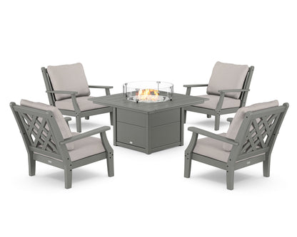 Country Living Wovendale 5-Piece Deep Seating Set with Fire Pit Table in Slate Grey / Dune Burlap