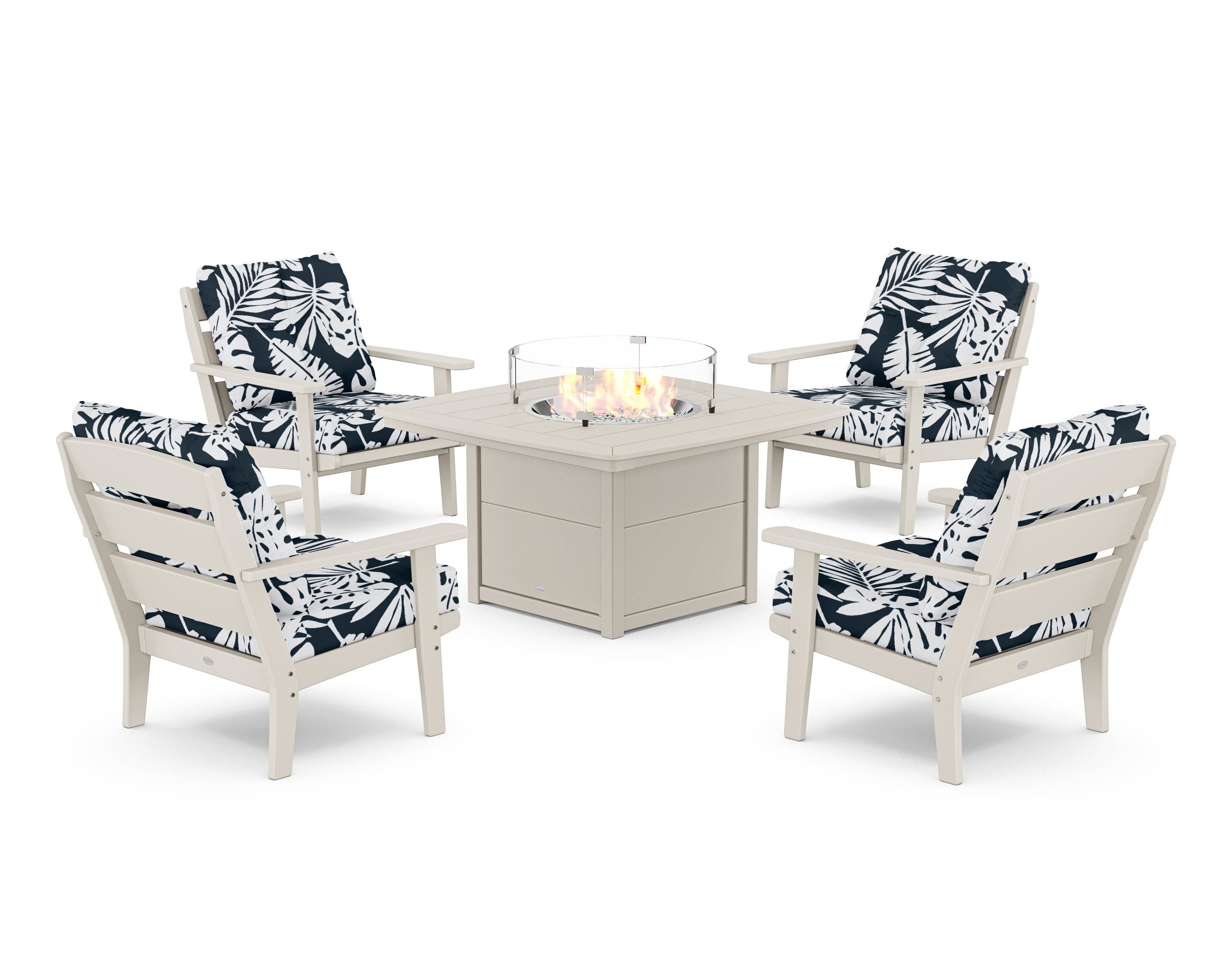 POLYWOOD® Lakeside 5-Piece Deep Seating Set with Nautical Fire Pit Table in Sand / Leaf Marine Indigo