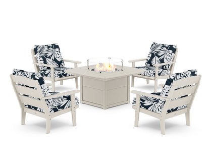 POLYWOOD® Lakeside 5-Piece Deep Seating Set with Nautical Fire Pit Table in Sand / Leaf Marine Indigo